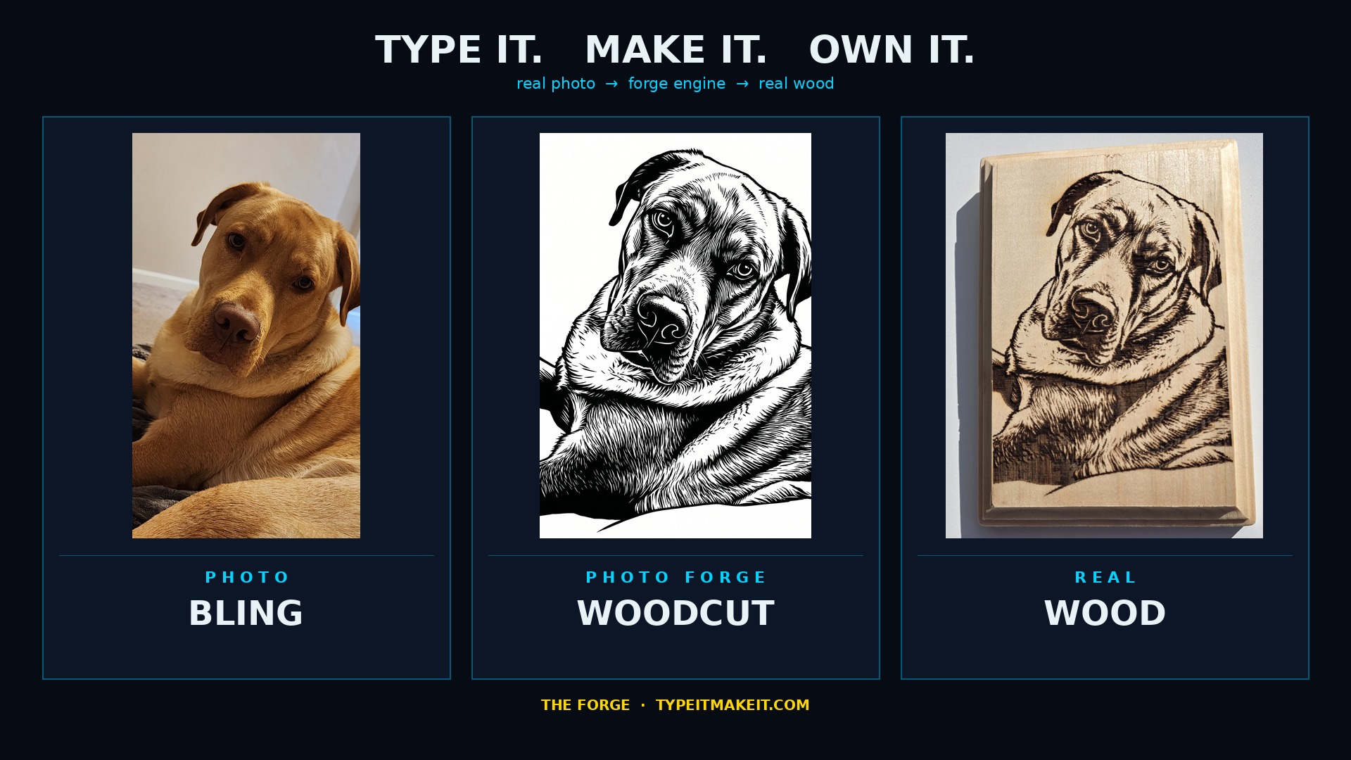 Bling — real photo to AI woodcut to real wood engraving
